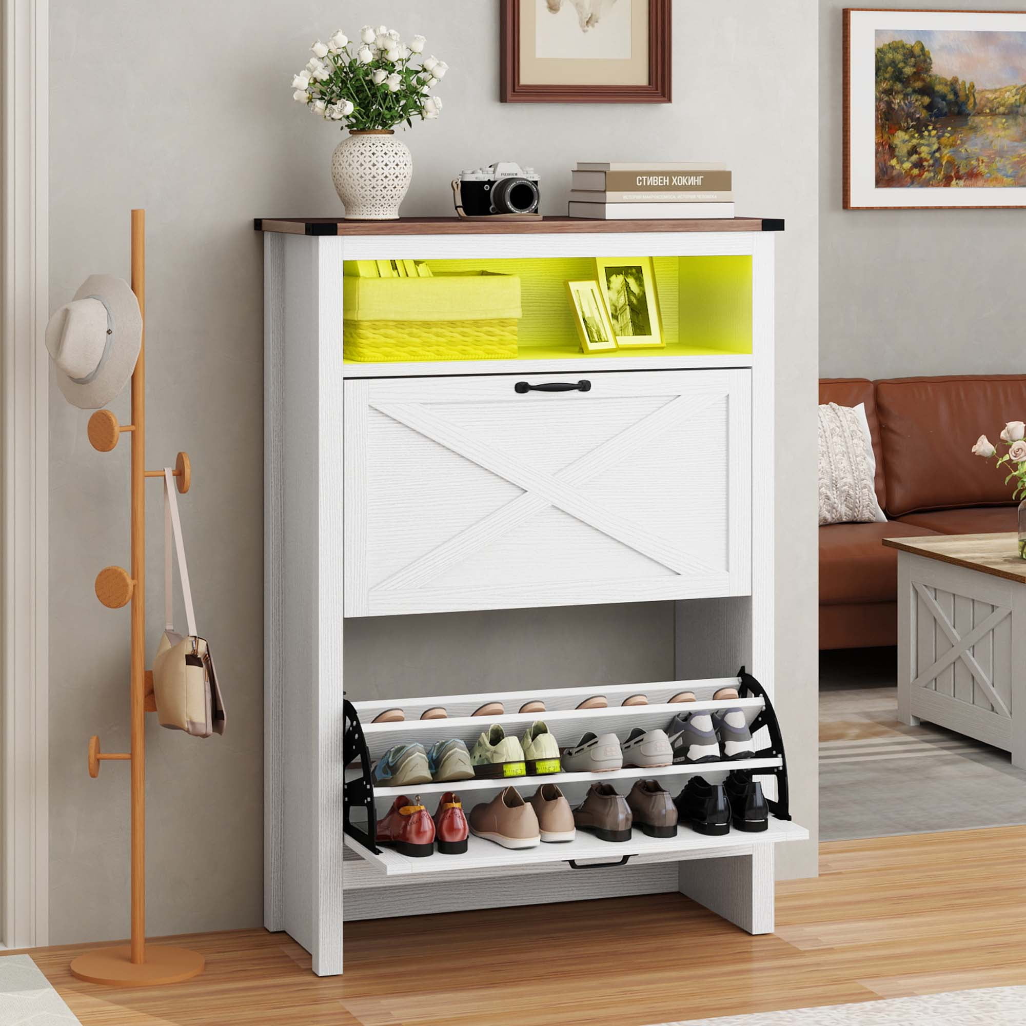 DWVO Shoe Cabinet with 2 Flip Drawers Open Shelf Led Light Shoe Rack Storage Organizer Free Standing Entrance Shoe Storage Cabinet Narrow Closet for Entryway Hallway White in Nepal at NPR