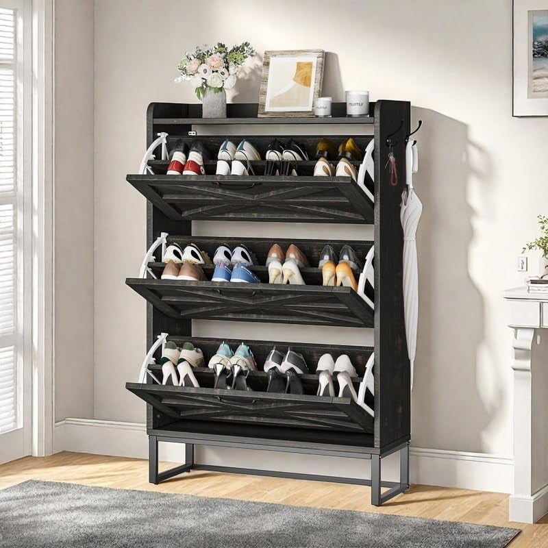 DWVO Shoe Storage Cabinet With 2 Flip Drawers, Farmhouse Wood Shoe Cabinet, FreeStanding Narrow Shoe Rack Organizer With Metal Legs For Entryway, Hallway,Brown