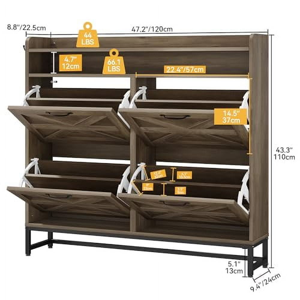 DWVO Shoe Storage Cabinet With 2 Flip Drawers, Farmhouse Wood Shoe Cabinet, FreeStanding Narrow Shoe Rack Organizer With Metal Legs For Entryway, Hallway,Brown