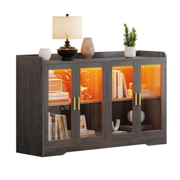 DWVO Sideboard Buffet Cabinet with LED Light & Doors, Modern Wood Acrylic Glass Sideboard Storage Cabinet Cupboard, Sideboard Buffet Table for Kitchen, Dinning Room, Living Room, Gray