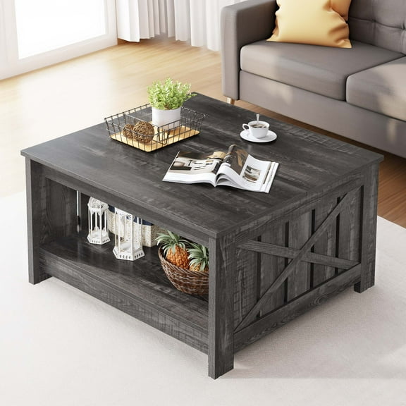 DWVO Square Coffee Table with Storage Farmhouse Living Room Table with Barn Door, Dark Grey