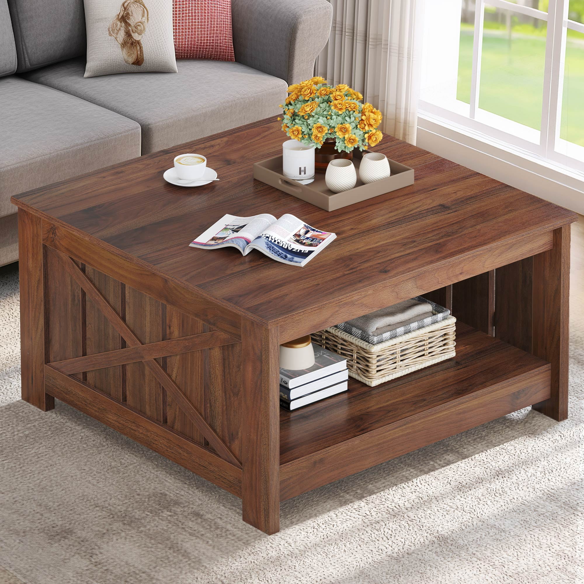 DWVO Square Coffee Table with Storage, Wood Farmhouse Coffee Table with