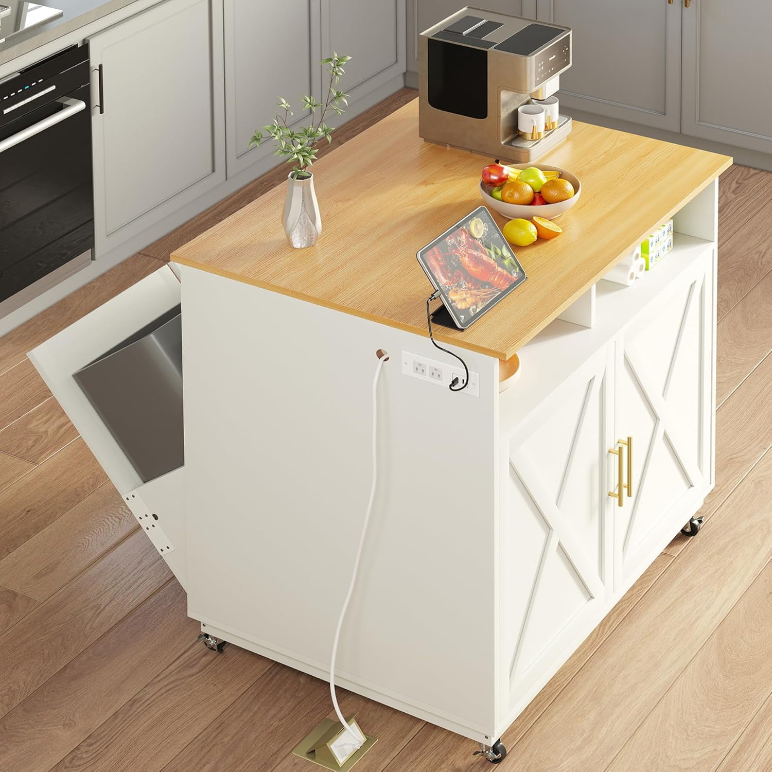 DWVO Square Kitchen Island with Double Tilt Out Trash Can Storage