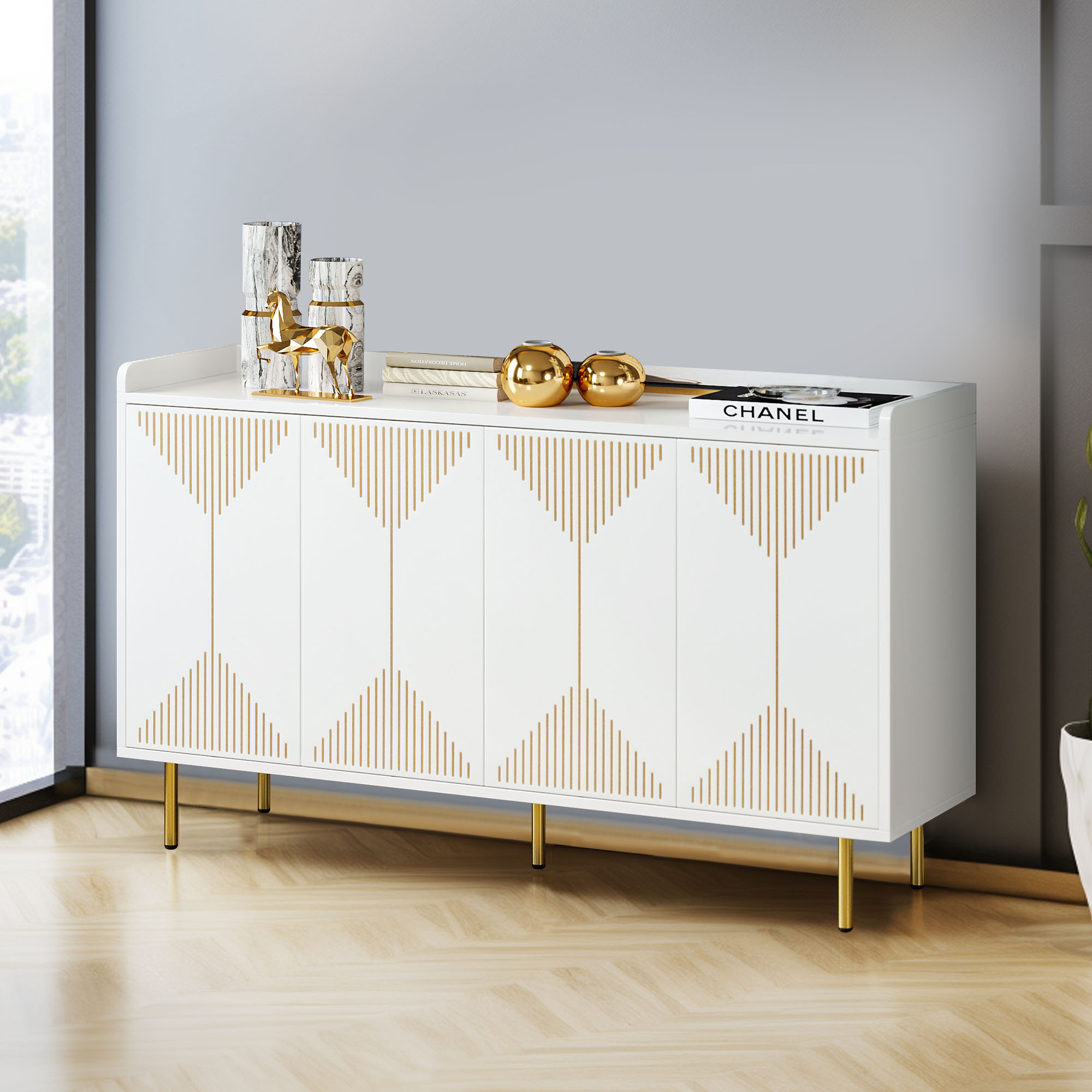 DWVO Modern Buffet Cabinet With Rattan Doors - 2-Piece Black Sideboard, Adjustable Shelves, 300 Lb Capacity