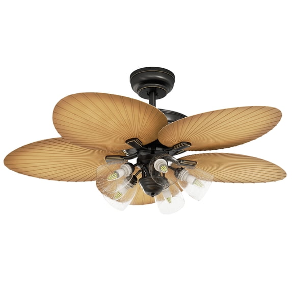 DWVO Tropical 52in Palm Leaf Ceiling Fans with Light and Remote,Glass Light Kit, Fan Light With 5 Blades,3 Speed, 4 Timer - Brown