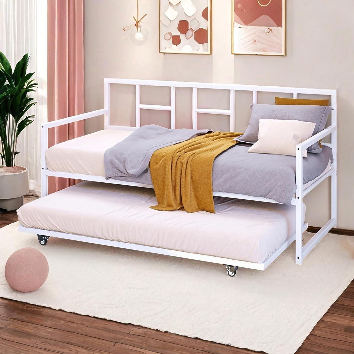 DWVO Twin Daybed With Trundle – Metal Frame, Adjustable Height, Under-Bed Storage, White Finish For Living Room Or Guest Room