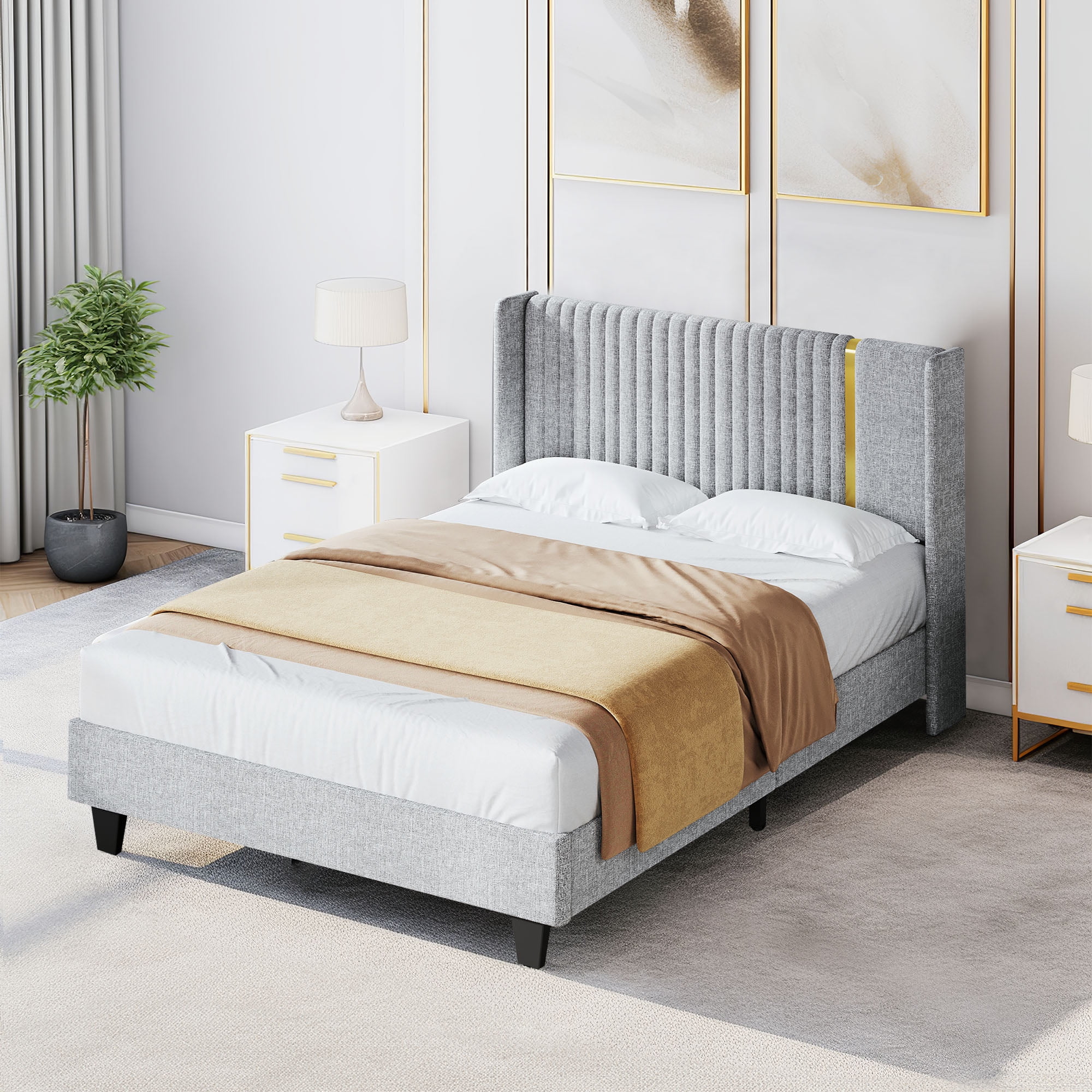 DWVO Upholstered Full Size Bed Frame, Wingback Platform Bed with Wood ...