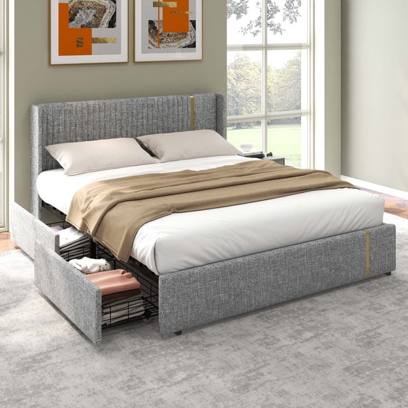 DWVO Upholstered King Bed Frame with Storage, Wingback Platform Bed with Wood Slats, No Box Spring Needed, Gray