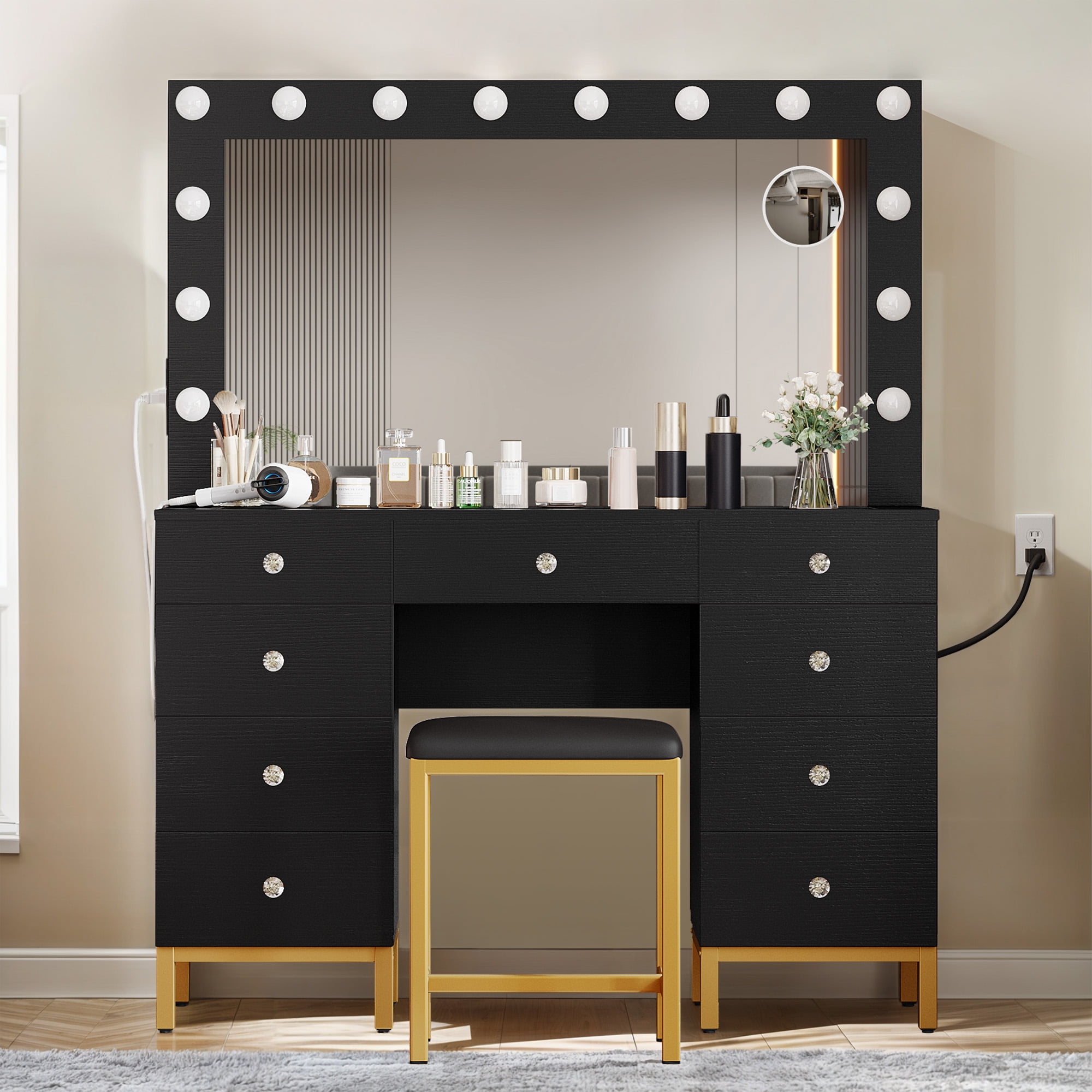 DWVO Vanity Table Set with 3 Color Lighted Mirror & 9 Drawers , Modern