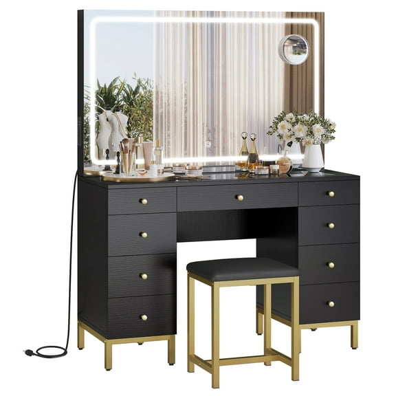 DWVO Vanity Table Set with 3 Color Lighted Mirror & Charging Station & Stool, Modern Makeup Vanity Dressing Table with 9 Drawers for Bedroom, Gold and White Vanity Desk for Women Girls,Black