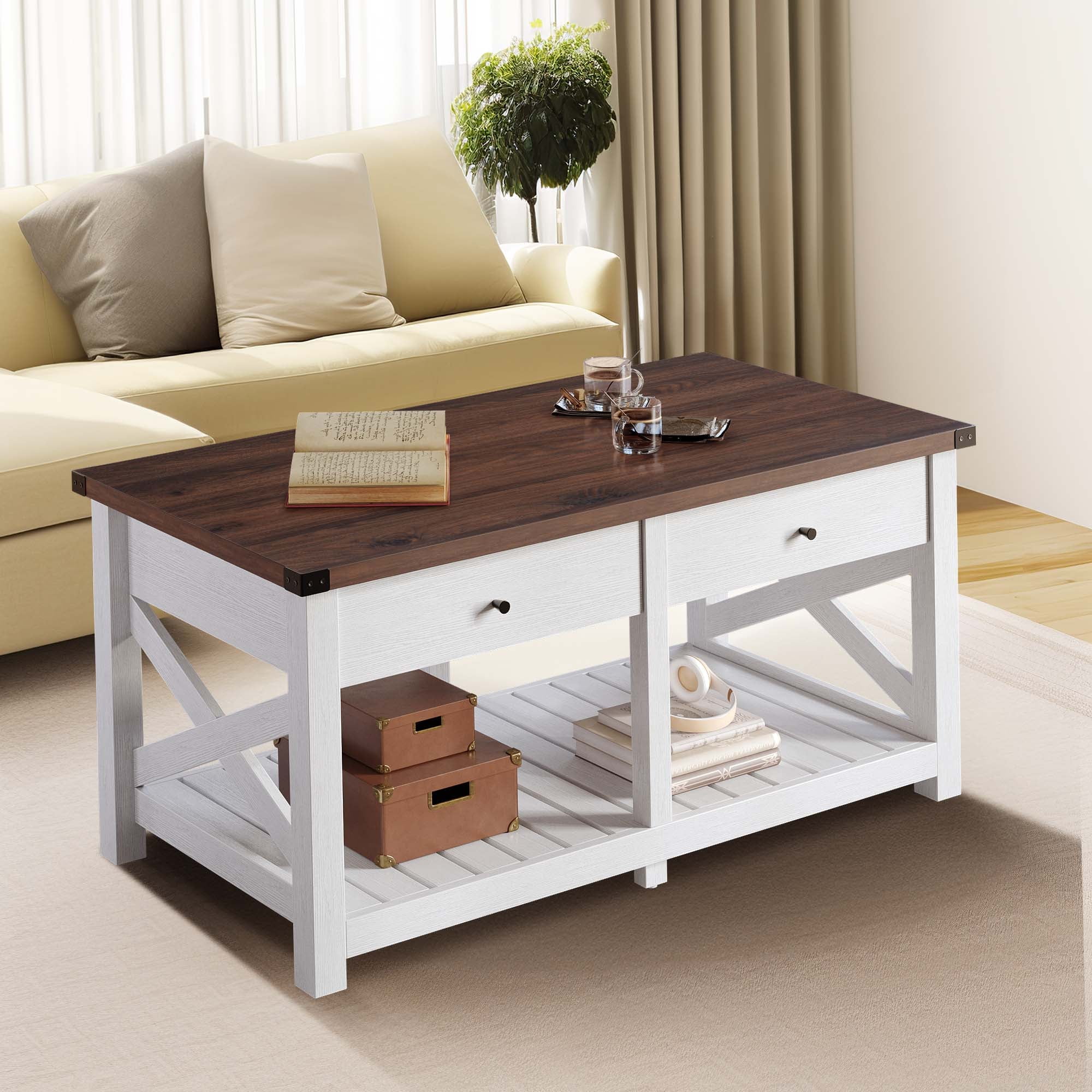 DWVO Vintage Coffee Tables with 2 Drawers, Living Room Center Table ...