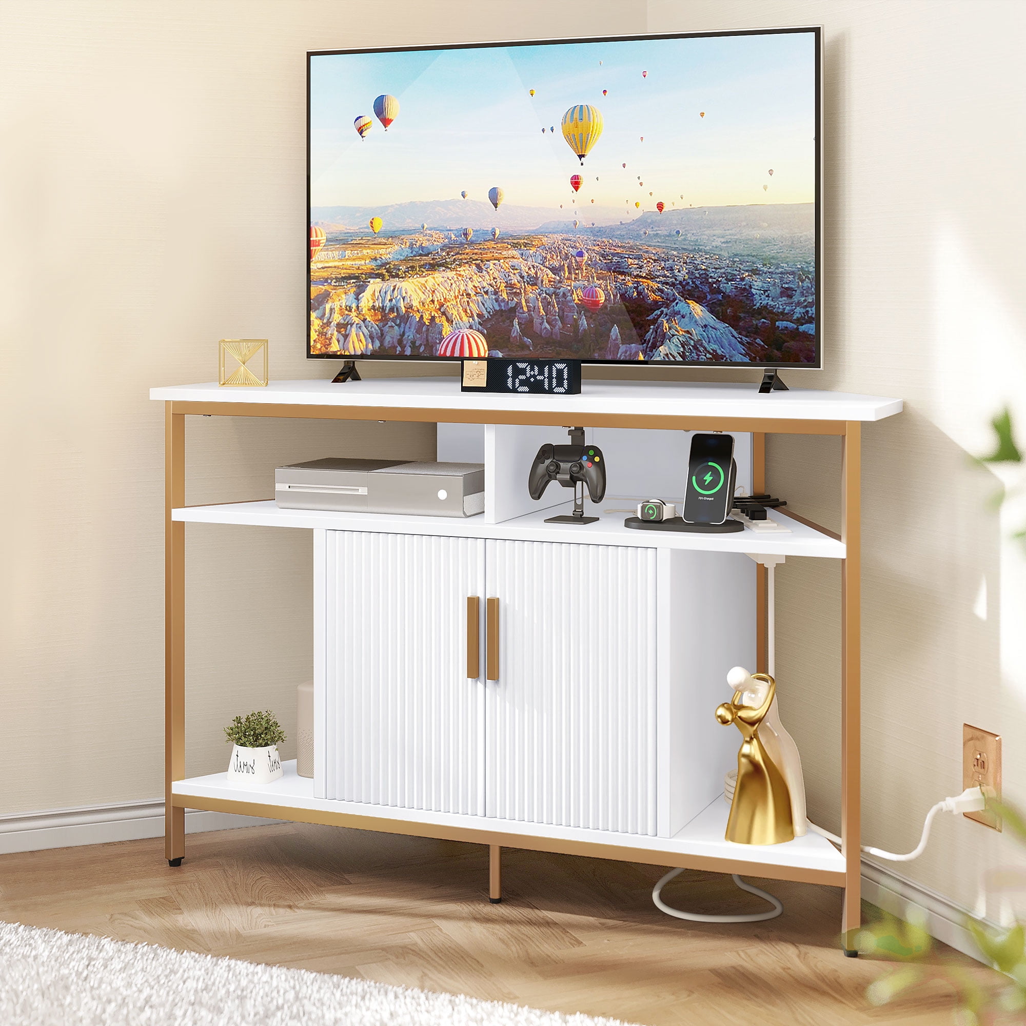 DWVO White Corner TV Stand for 55 inch with Power Outlet, Modern Corner
