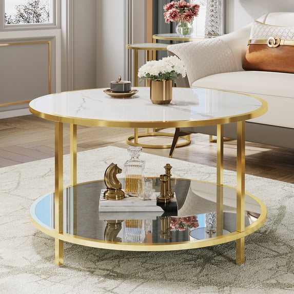 DWVO White Marble Round Coffee Table, Mid-Century Modern Glass Center Table with Storage for Living Room