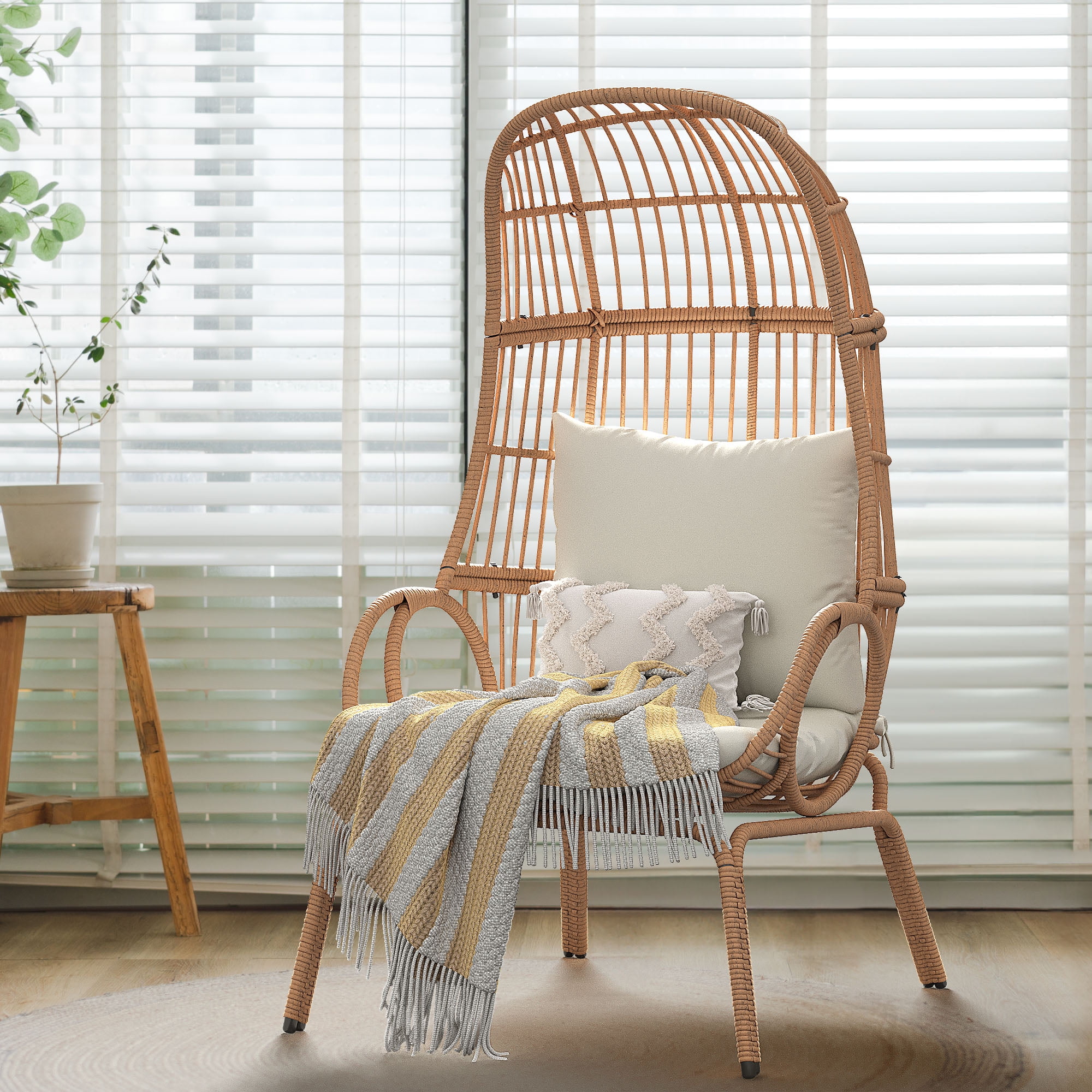 Wicker Round Egg Chair Oversized Indoor Outdoor Lounger for Patio Living Room w 4 Cushions Steel Frame 330lbs Capacity GR LR