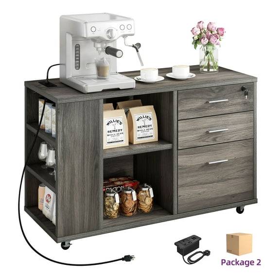 DWVO Wood Lateral File Cabinet with Charging Station and Lock for Home Office, Printer Stand with Open Storage Shelf,Gray