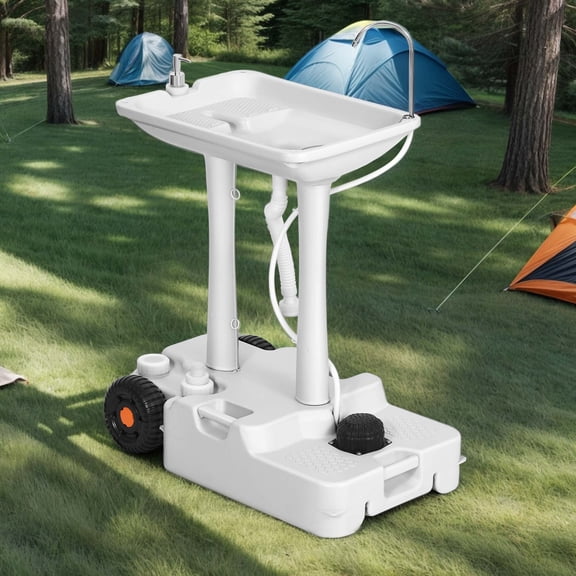 DWVO XL Portable Camping Sink With Rolling Wheels ,Basin, 8 Gallon Tank, White