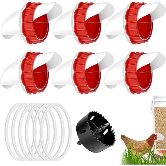 DWYIZMOT Chicken Feeder No Waste, Rain-Proof Poultry Automatic Feeder with Lid Gravity Feeding Kit 6 Ports -1 Holes Saw Buckets, Buckets, Boxes and Slots