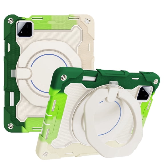 DWaybox Case for Xiaomi Pad 8 / Pad 8 Pro 11.2 inch 2025 Model, Heavy Duty Shockproof Cover with 360° Rotating Ring Stand, 3-Layer PC + Silicone Armor Protection -Rainbow Green