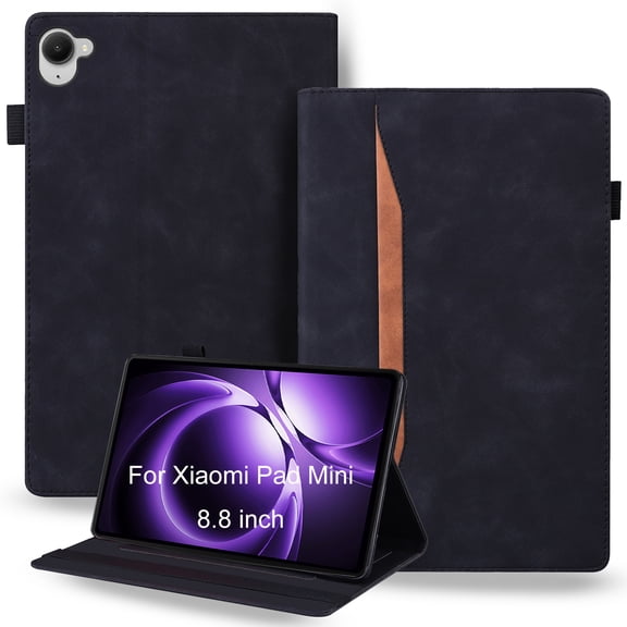 DWaybox Case for Xiaomi Pad Mini 8.8 inch 2025 Model, Retro PU Leather & TPU Hybrid Shockproof Cover with Anti-Slip Grip Strap, Card Slots & Adjustable Kickstand -Black