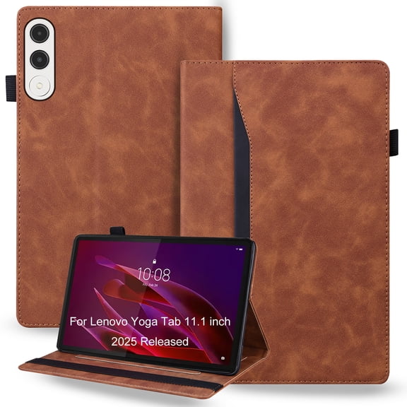 DWaybox Retro Case for Lenovo Yoga Tab 11.1 inch 2025 Released - PU Leather & TPU Hybrid Shockproof Protective Cover with Anti-Slip Grip Strap, Card Slots & Kickstand -Brown