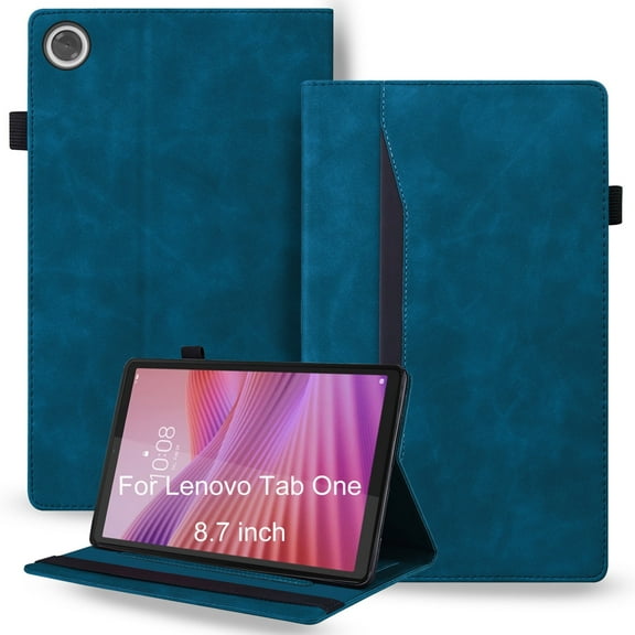 DWaybox Shockproof Case for Lenovo Tab One 8.7 inch 2025 Model - Retro PU Leather + TPU Hybrid Protective Cover with Anti-Slip Grip Strap & Card Slots -Peacock Blue