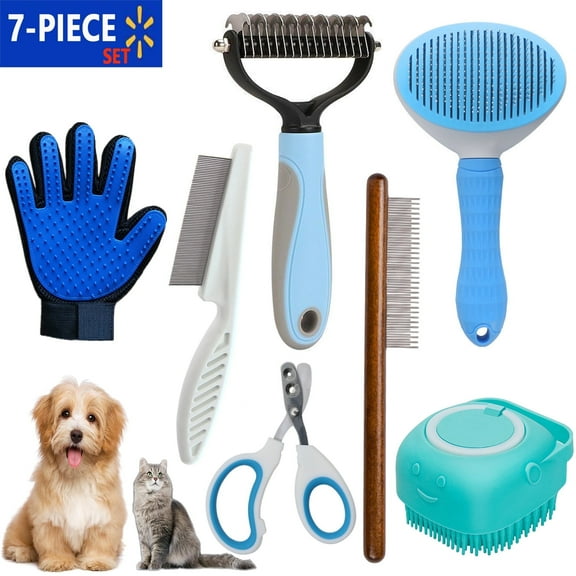 DXIMRX 7 Pcs Cat Dog Brush Grooming Kits, Best Combo Brush for Dogs Cats, Blue