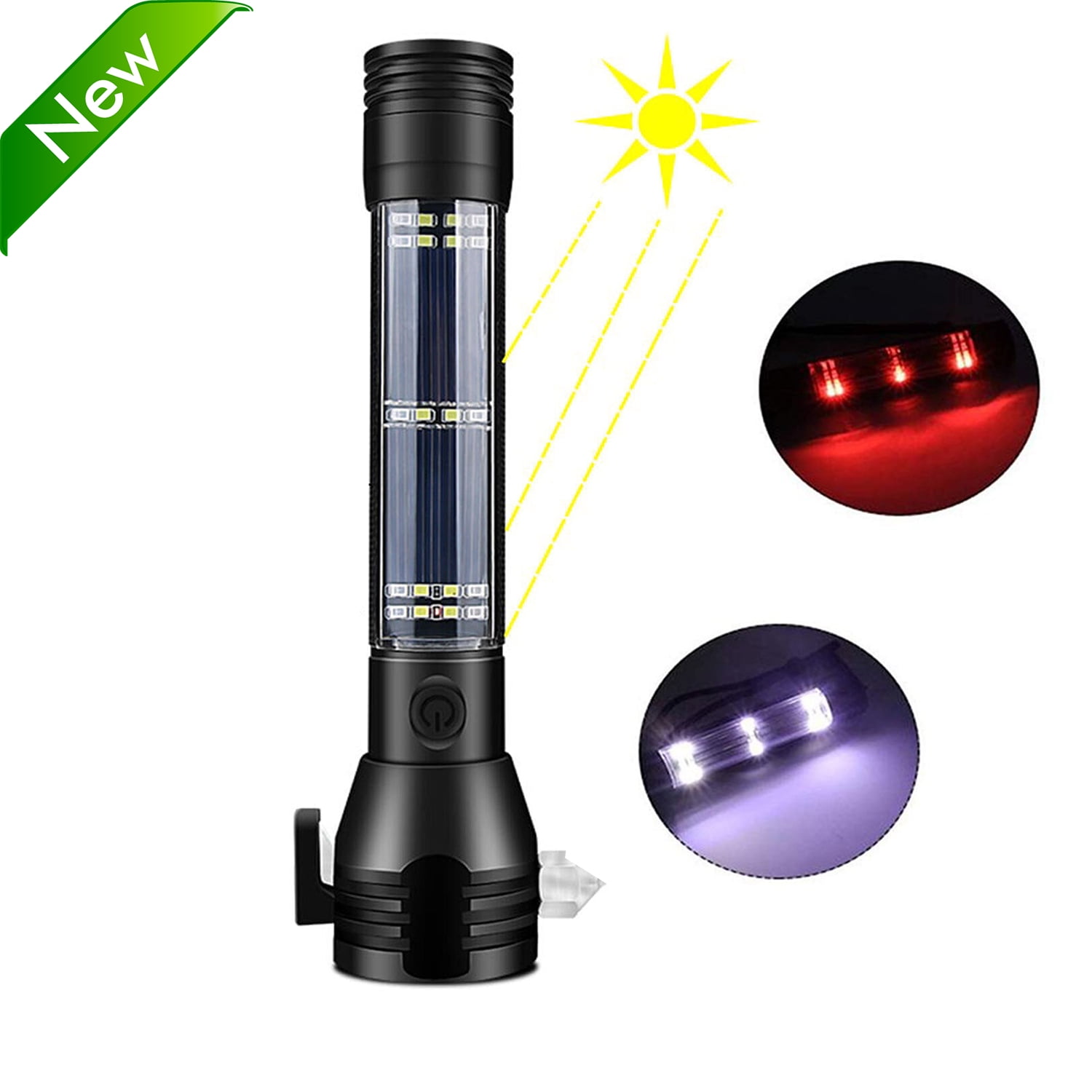 DXIMRX Solar Powered Flashlight, Car Flashlight USB Rechargeable Multi-Function Torch Tool for Emergencies, Outdoor