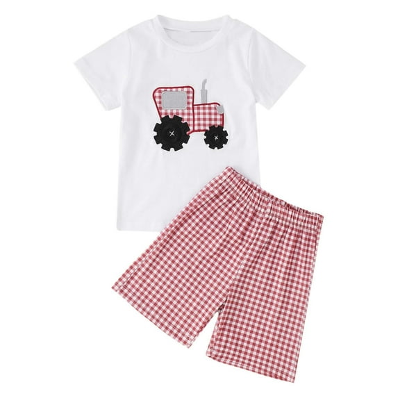 DXOUPM Baby Boy Summer Clothes Toddler Outfits Short Sleeve Tractor Print Shirt Tops + Plaid Shorts 2Pcs Clothing Set Red 12M