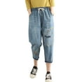 DXOUPM Baggy Jeans Women Casual Comfortable Literary Embroidery Elastic