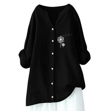 DXOUPM Blouses for Women Tunic Shirts for Women Womens Loose Buttons Down Blouse Tops Solid Casual Long Sleeve Shirt Blouse Black XXL