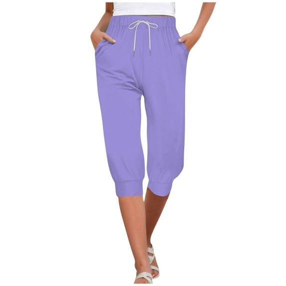 DXOUPM Cargo Sweatpants for Women Capris for Women Casual Pants High Waist Bottom Drawstring Joggers Casual Pants Womens Baggy Sweatpants Womens Slacks Workout Clothes for Women Light Purple S