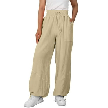DXOUPM Cargo Sweatpants for Women Linen Pants Women Wide Leg Harem Pants High Waist Drawstring Palazzo Pants Loose Workout Trousers with Pockets Casual Pants for Women Beige S