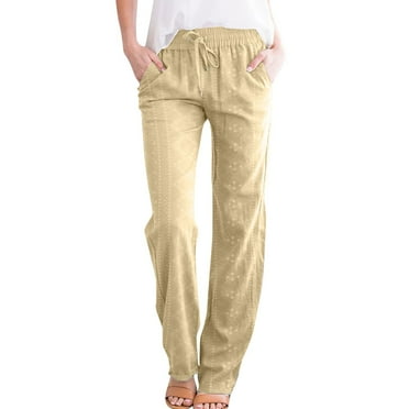 DXOUPM Dress Pants Women Casual Embroidery Eyelet Elastic Drawstring Long Pants Fashion Solid Color Leggings Pants with Pocket Wide Leg Sweatpants Resort Wear for Women 2024 Beige S