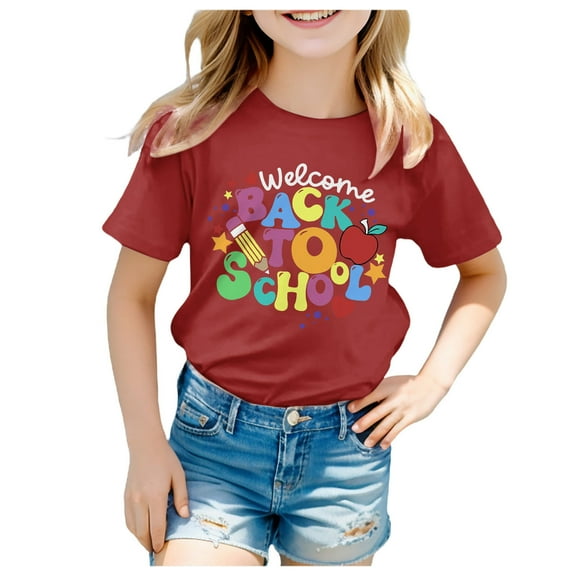 DXOUPM Girls Fall Tops Girls Short Sleeve Tee Summer Crewneck T Shirt Casual Fit Basic Shirts Kids T Shirts Cotton Tshirts Basic Tees Girls Summer Tops T-Shirts Red 110