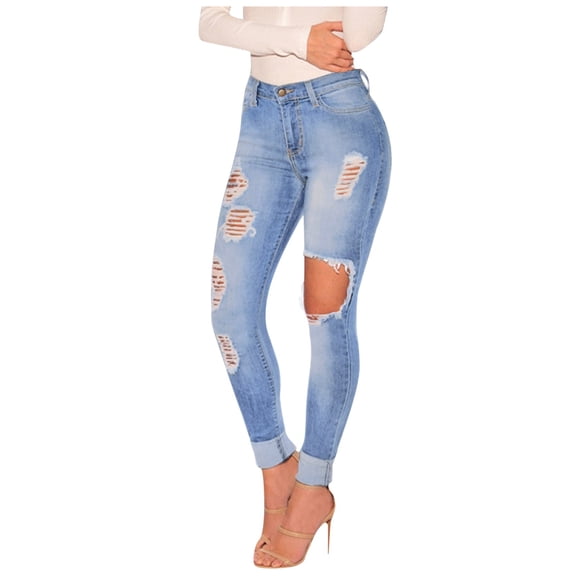 DXOUPM Woman Jeans Women's High Waisted Ripped Jeans for Women Lift Distressed Stretch Juniors Skinny Jeans Ripped Jeans Casual Pants for Women Blue S