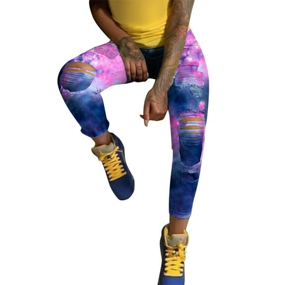 DXOUPM Women Pants Women's Wash Light Color Dye Printing Two Color Tie Dye Denim Pants Skinny Jeans for Women Blue L