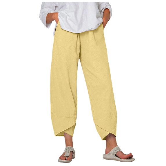 DXOUPM Women's Pants Women's Fashion Casual Chiffon Crepe Wide Leg Pants Solid Color High Waist Loose Casual Pants Womens Athletic Wear Women Pants Casual Yellow L