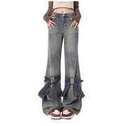 DXOUPM Womens Bootcut Jeans Y2K Jeans Vintage Jeans Female Street Spicy Girl Blue Bow Wide Legged Pants Loose and Slim Pants Blue S