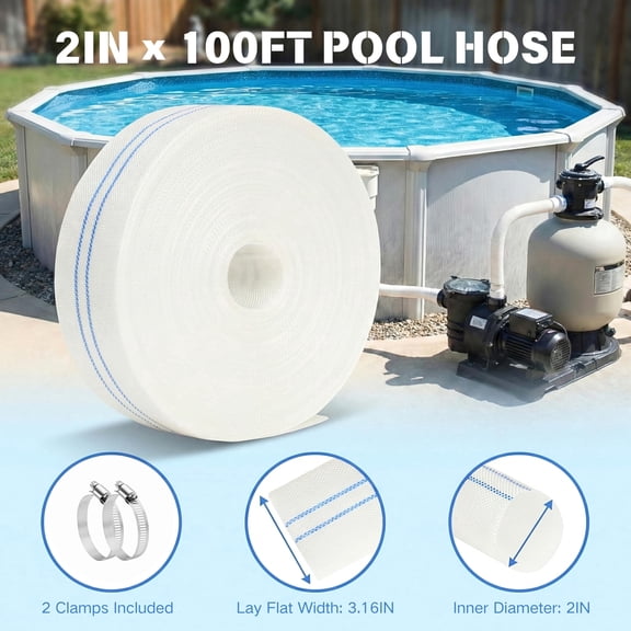 Pool Backwash Hose 2 IN x 100 FT Heavy Duty Drain Drainage PVC Flat Water Hose above Ground Swimming Pool Hoses for Sump Pump Discharge & Pool Filter with Clamp