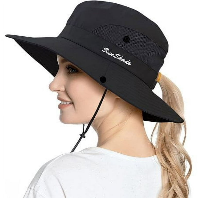 DXSTAR Women's Ponytail Sun Hat UV Protection Foldable Mesh Wide Brim Beach  Fishing Hat , Black 