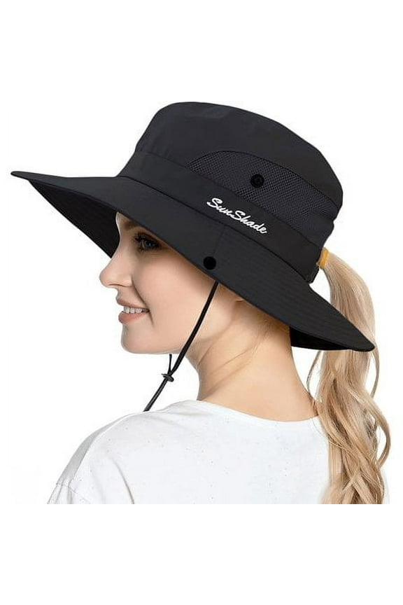 Women's Ponytail Sun Hat UV Protection Foldable Mesh Wide Brim Beach Fishing Hat , Black