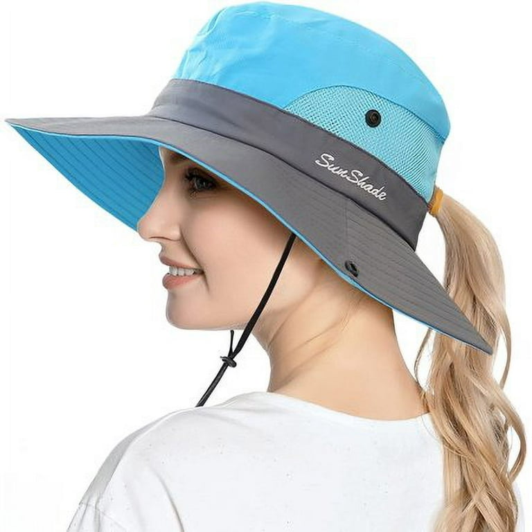DXSTAR Women's Ponytail Sun Hat UV Protection Foldable Mesh Wide Brim Beach  Fishing Hat , Blue