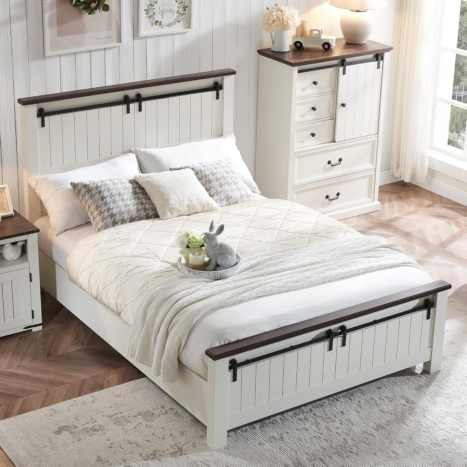 DXYJCNL Farmhouse Queen Size Bed Frame with 47" Headboard Wood Bed ...