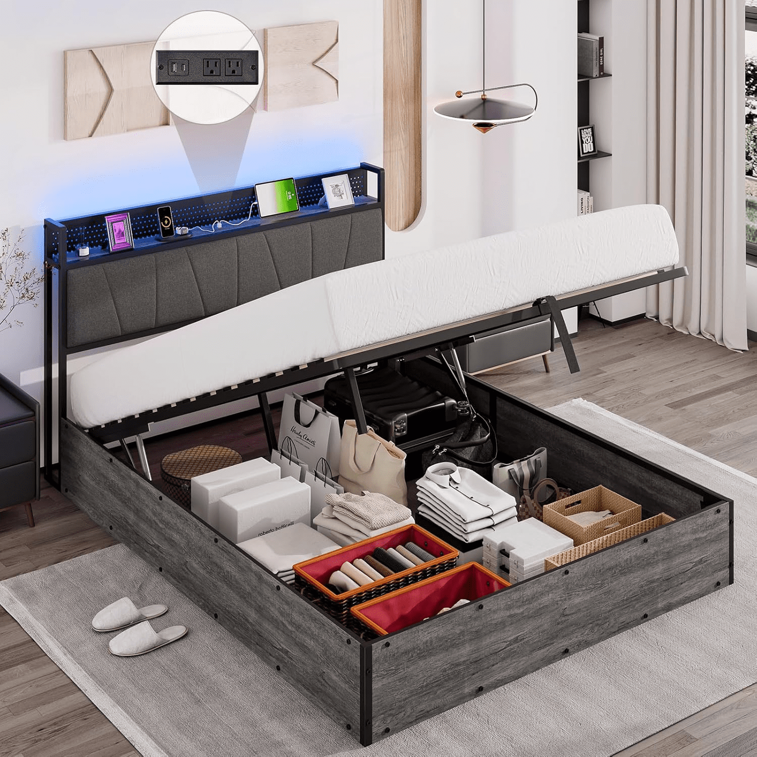 DXYJCNL King Size Lift Up Storage Bed Frame Modern RGB LED Light ...