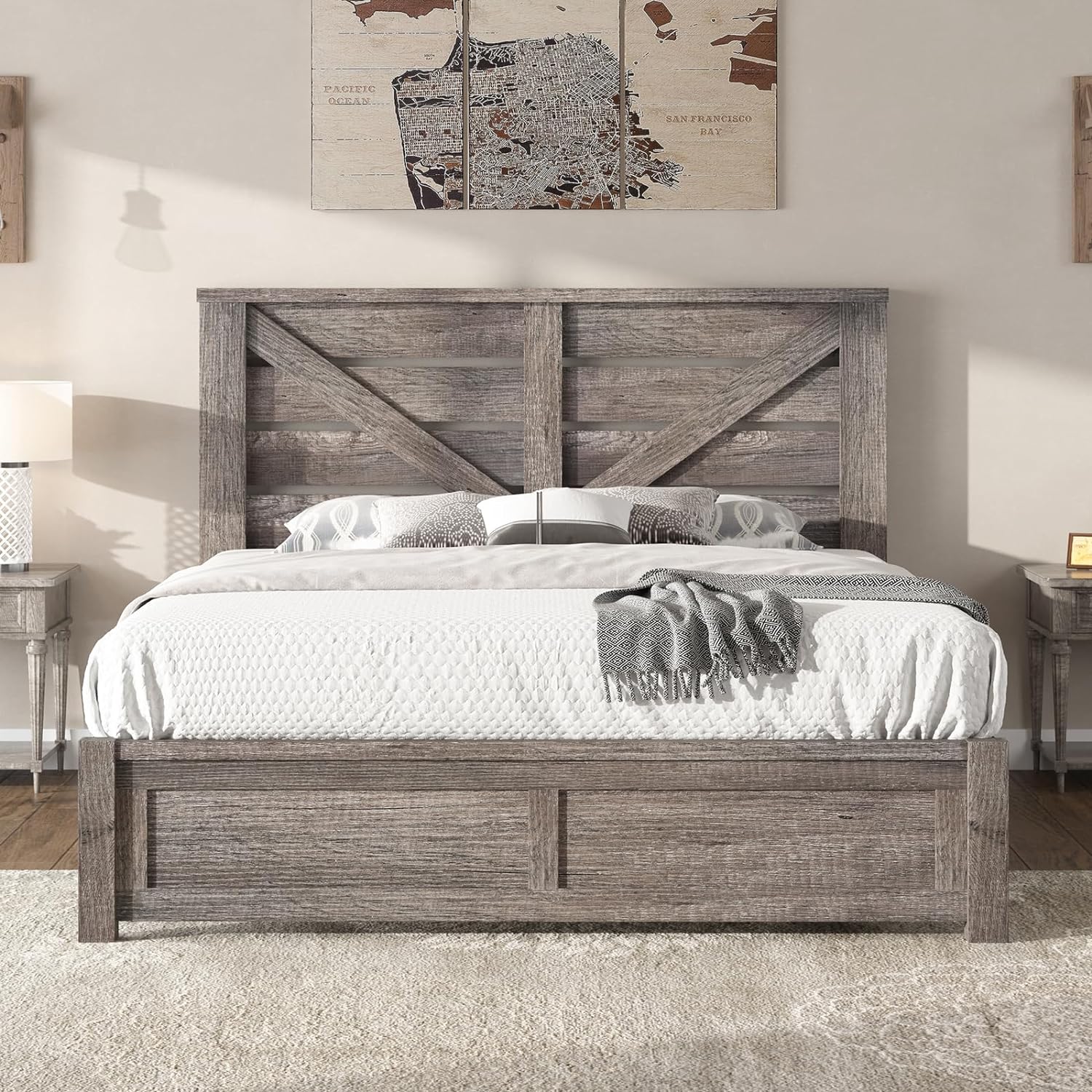DXYJCNL Queen Size Farmhouse Bed Frame with 49.2" Barn Door Headboard ...