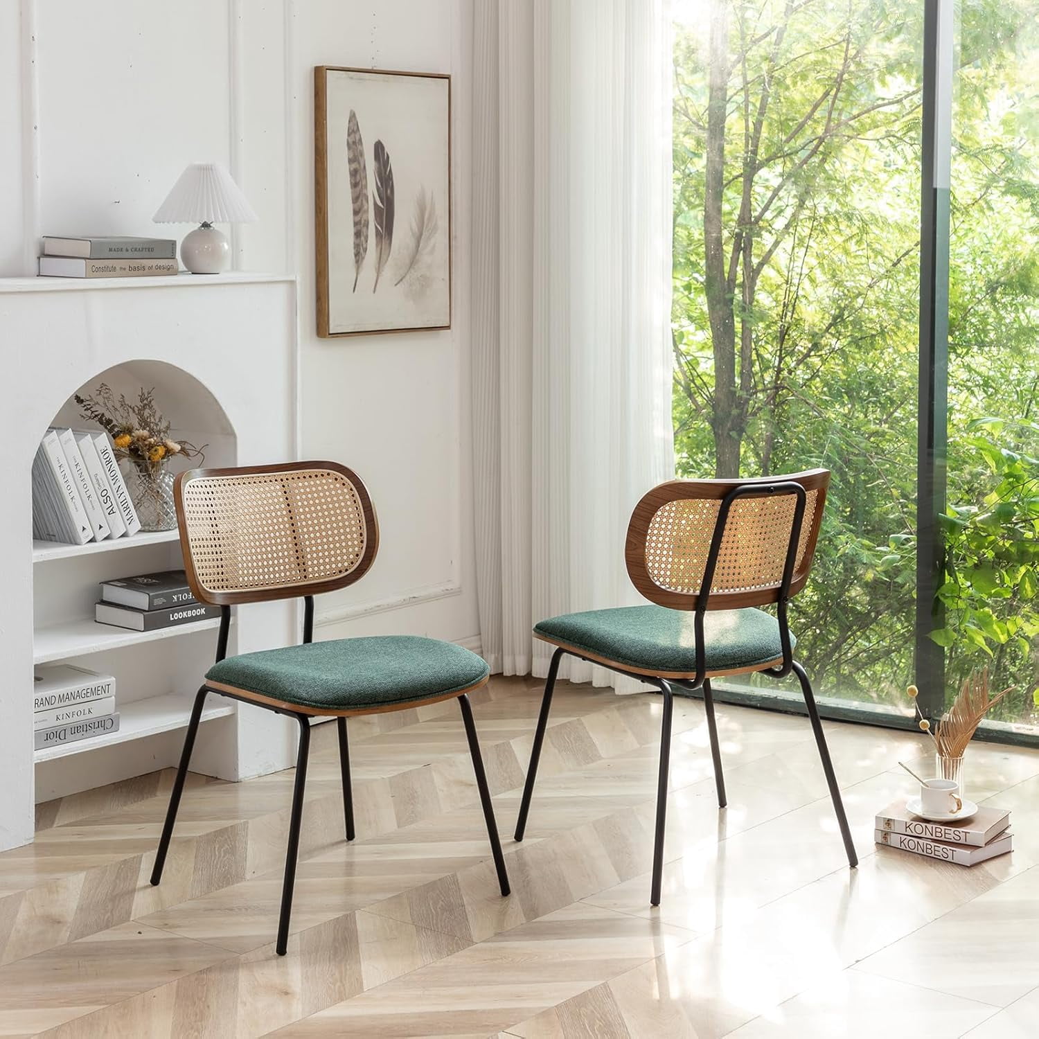 Art Leon Rattan Dining Chairs - Set Of 2, Genuine Leather Seat, Mid-Century Modern Design, Black Wood Frame