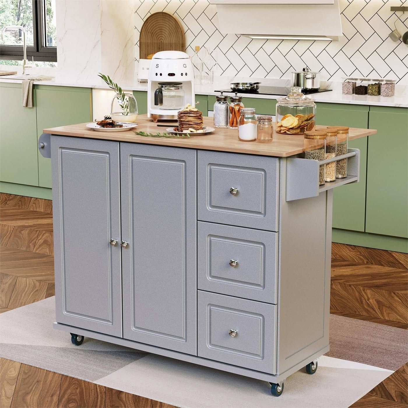 DXYJCNL Rolling Kitchen Island on Wheels Mobile Kitchen Cart Trolley Cart with Rubberwood ...
