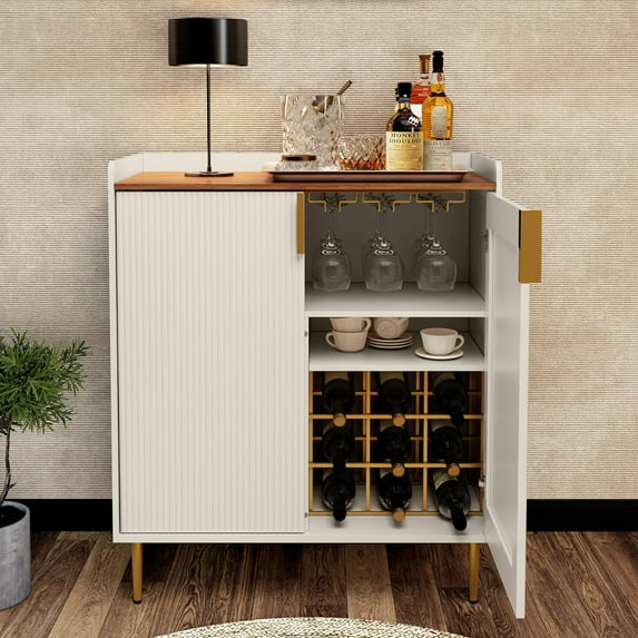 DXYJCNL Wine Bar Cabinet with Fluted Texture Modern Coffee Cabinet with &Glass Holder White Kitchen Buffet Sideboard Freestanding Liquor Cabinet for Dining Room Living Room