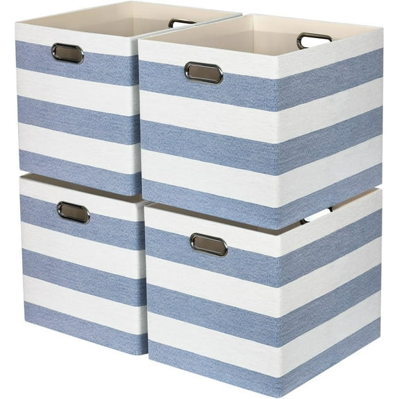 13x15x13 Storage Cube Bins Foldable Storage Cubes Fabric Organizer Basket Bin Striped Containers Decorative Storage Boxes for Shees Wardrobe Closet Home Office 4 Pack Blue/White