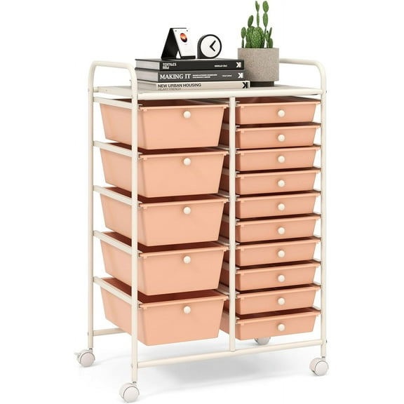 15-Drawer Rolling Storage Cart, Multipurpose Rolling Storage Cart, Storage Organizer on Wheels, Durable Metal Frame, Scrapbook Paper Tools, Suitable for Office School (Peach)